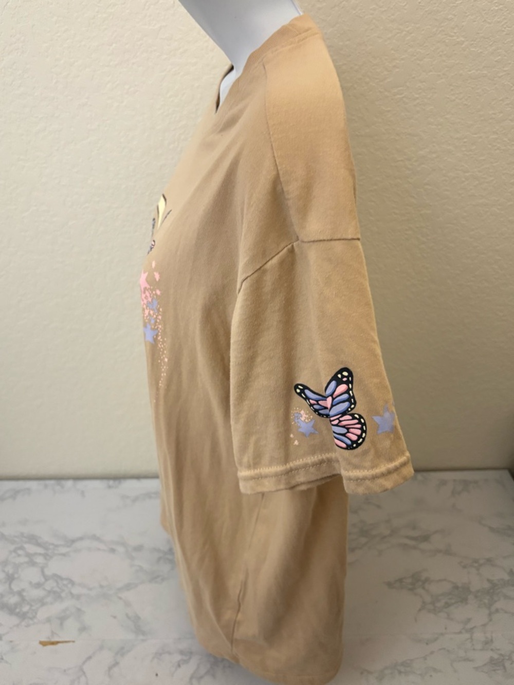 Orange Kiss Butterfly Graphic Womens S Y2K Babydoll Top Tan Moon Mushroom - Picture 2 of 6